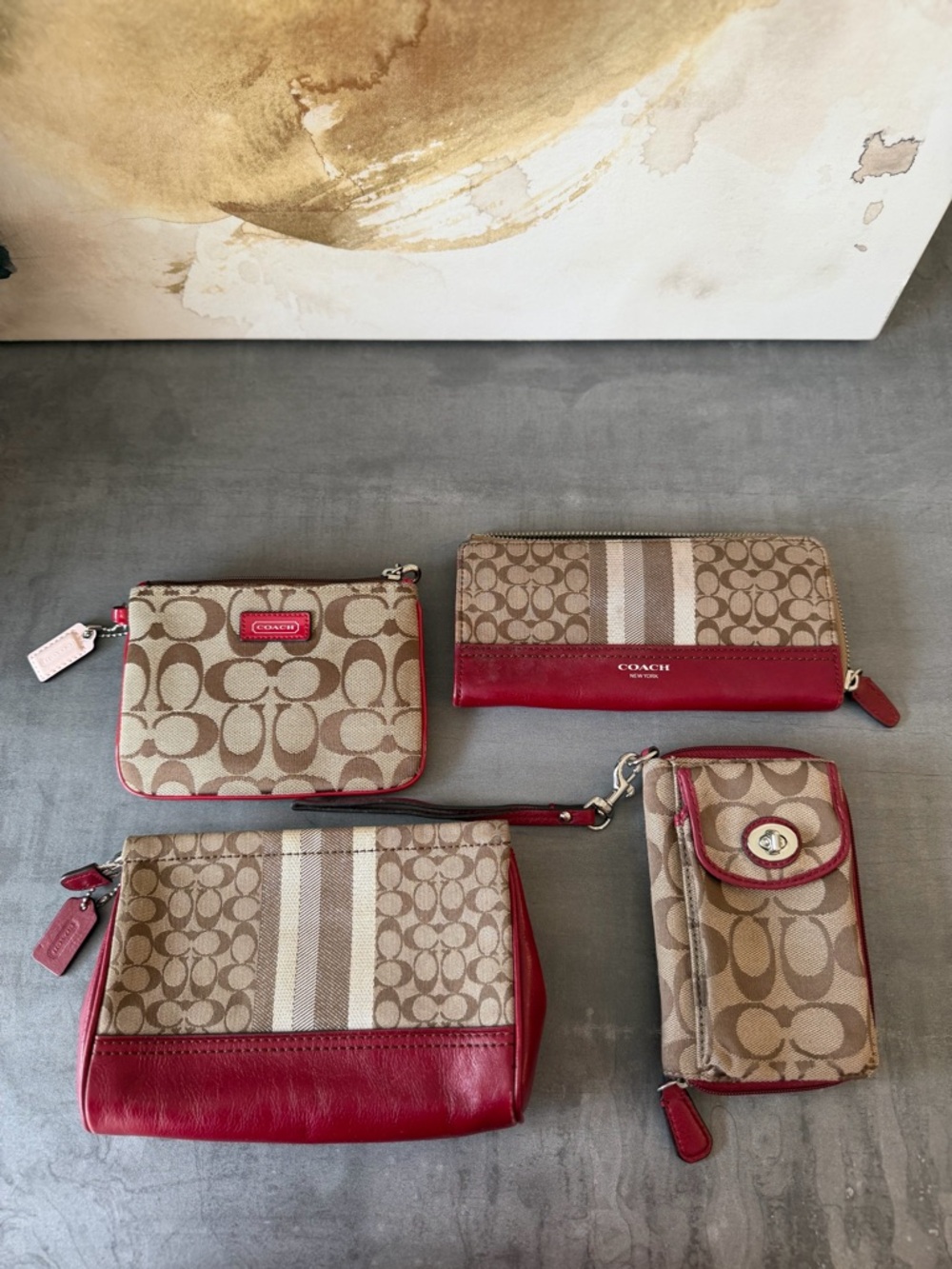 Coach Signature Canvas Wallet & Pouch Set in Red and Khaki
